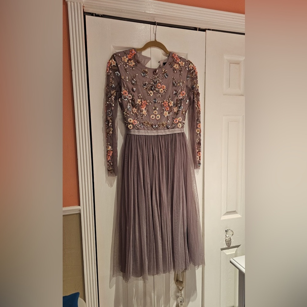 Needle & Thread Purple Long Sleeve Fit and Flare Dress - Picture 1 of 4